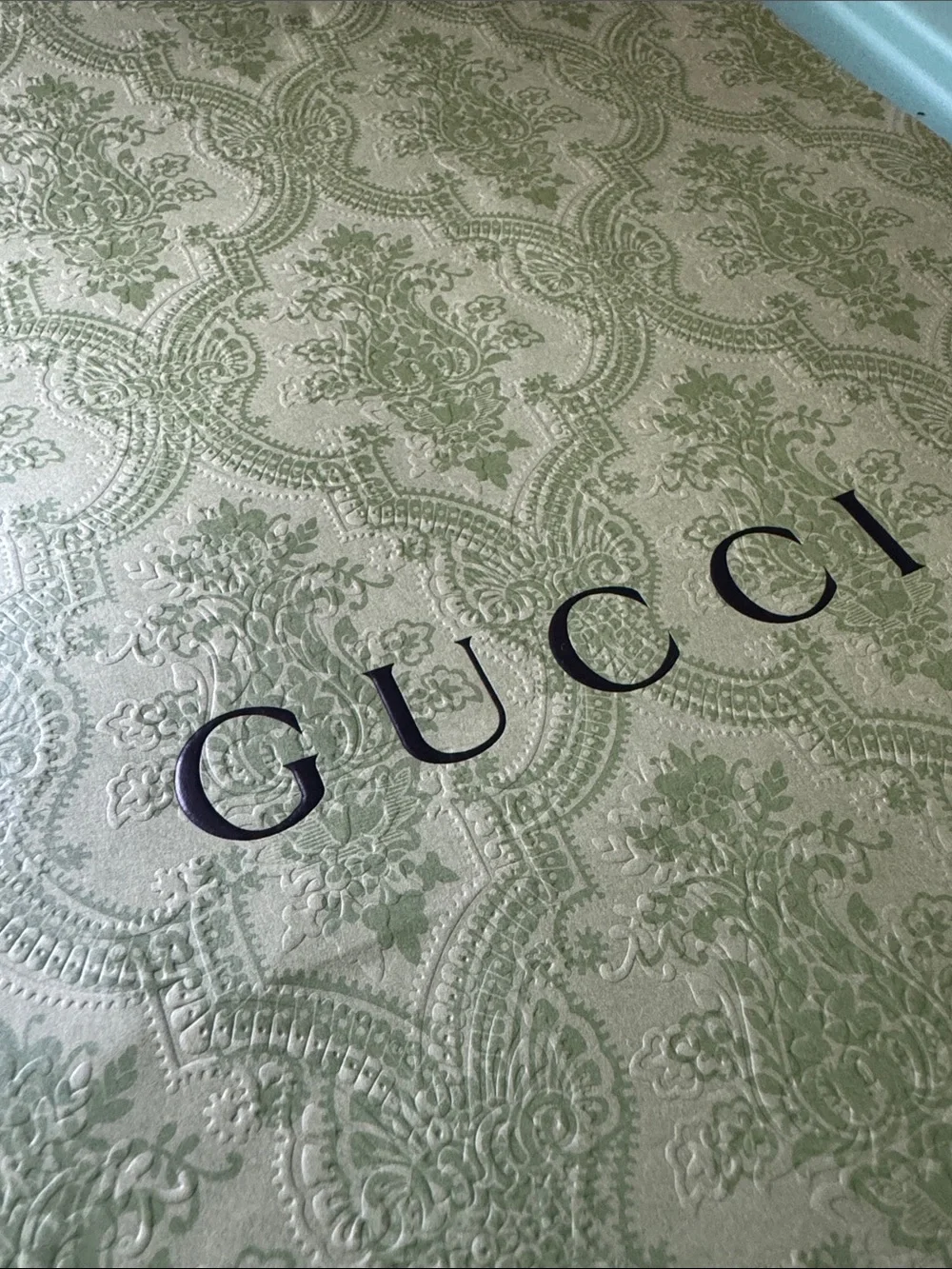 Gucci Light Green Embossed Logo Shopping Bag with Black Rope Handles